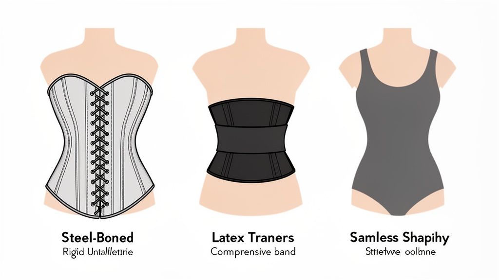 Three types of shapewear on mannequins: a steel-boned corset, a latex waist trainer, and a seamless bodysuit.
