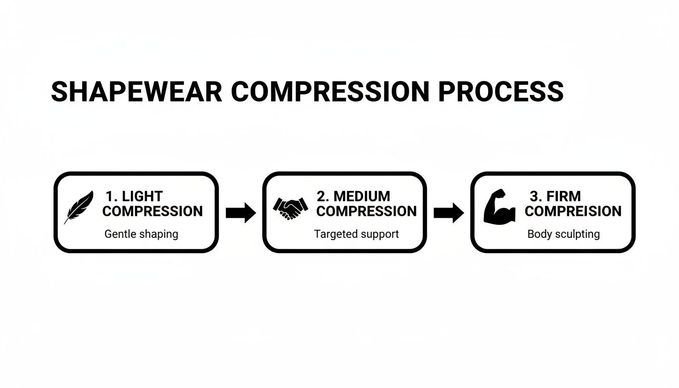 Flowchart illustrating the shapewear compression process: light, medium, and firm, with their respective benefits.