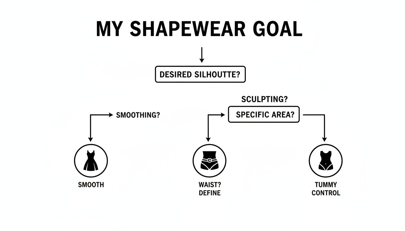A shapewear goal flowchart, guiding users to choose between smoothing, waist defining, or tummy control based on desired silhouette.