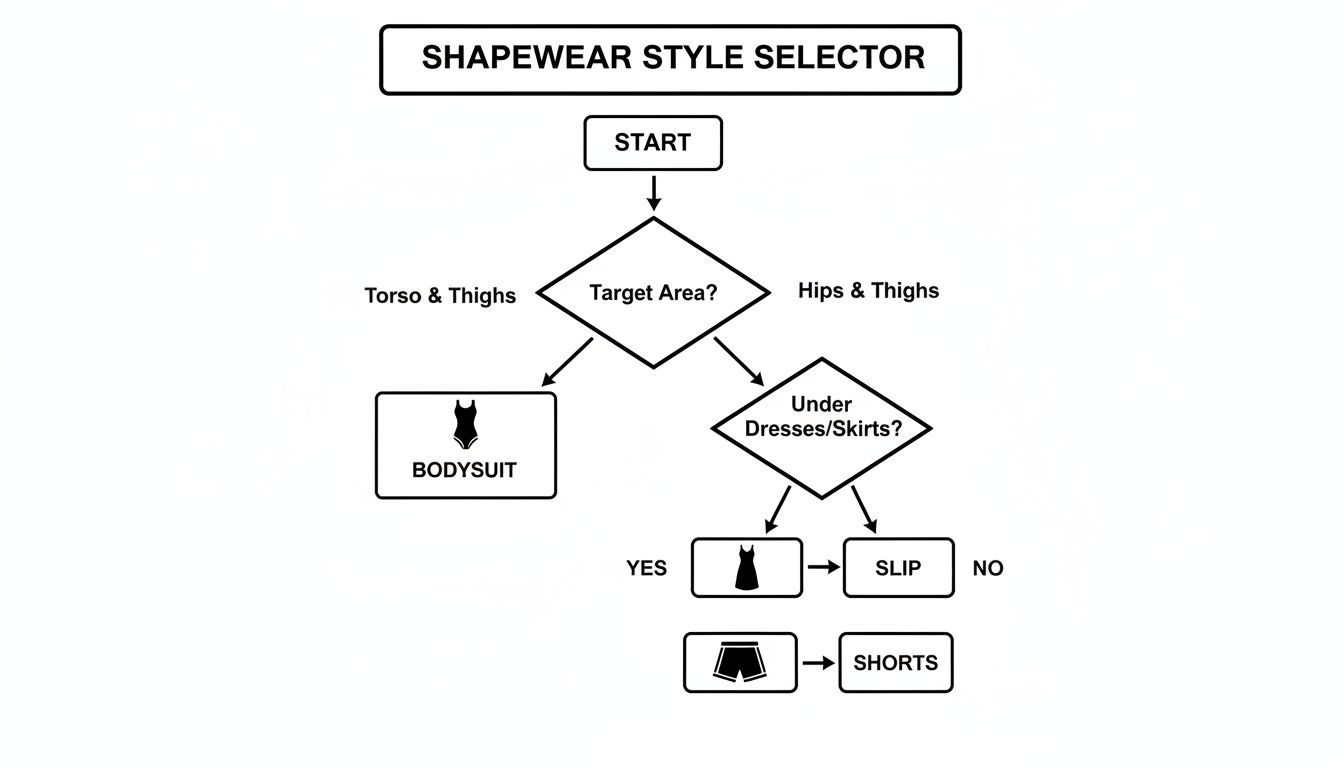 Flowchart guiding shapewear selection based on target area (torso & thighs, hips & thighs) and if worn under dresses/skirts.