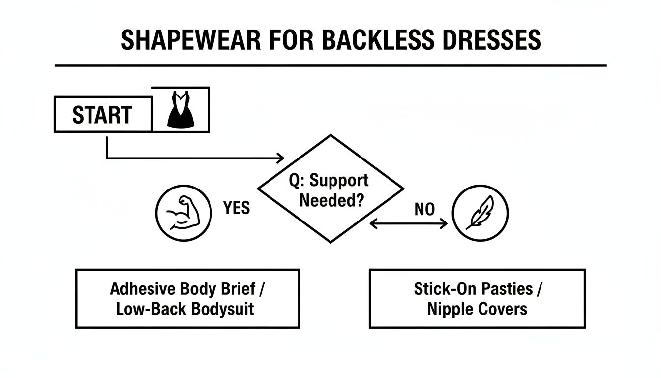 Flowchart guiding shapewear selection for backless dresses based on required support.