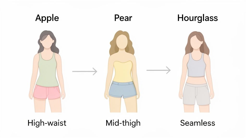 Illustration showing three female body shapes: Apple, Pear, and Hourglass, with recommended shapewear shorts.