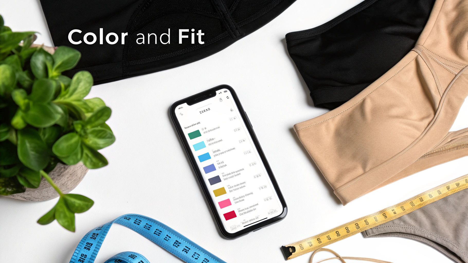 Flat lay of a smartphone showing color options, sports bras, and measuring tapes for finding the right fit.