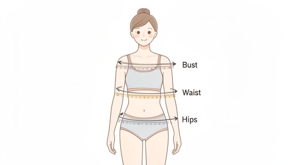 A drawing of a woman demonstrating correct body measurements for bust, waist, and hips.