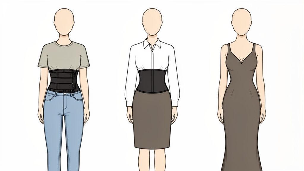 Three figures show different styles of wearing waist trainers with a t-shirt, shirt, and dress.