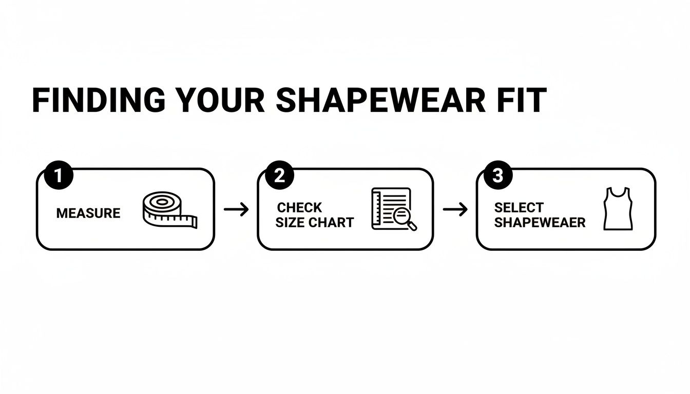 A three-step visual guide showing how to find your shapewear fit: measure, check size chart, and select shapewear.