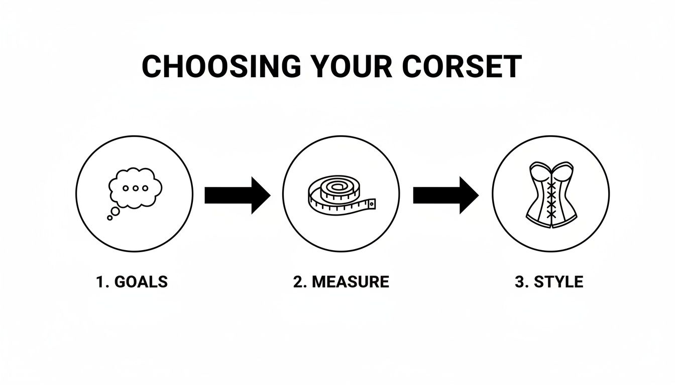 A three-step visual guide showing how to choose your corset: 1. Goals, 2. Measure, 3. Style.