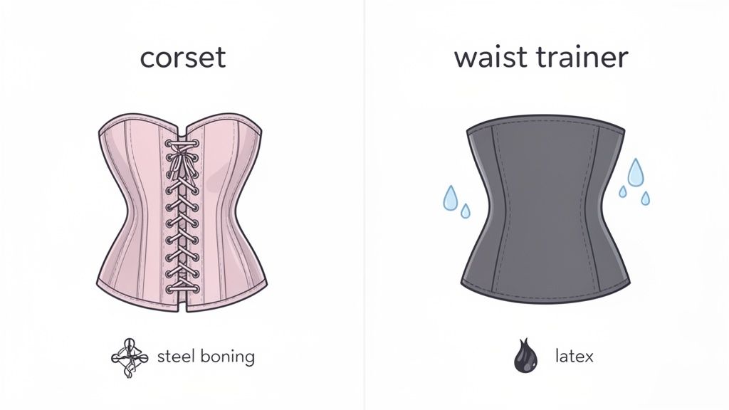 A comparison image showing a pink corset with steel boning and a grey latex waist trainer.