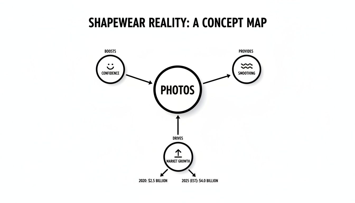 A concept map illustrates how photos boost confidence and smoothing, driving shapewear market growth.