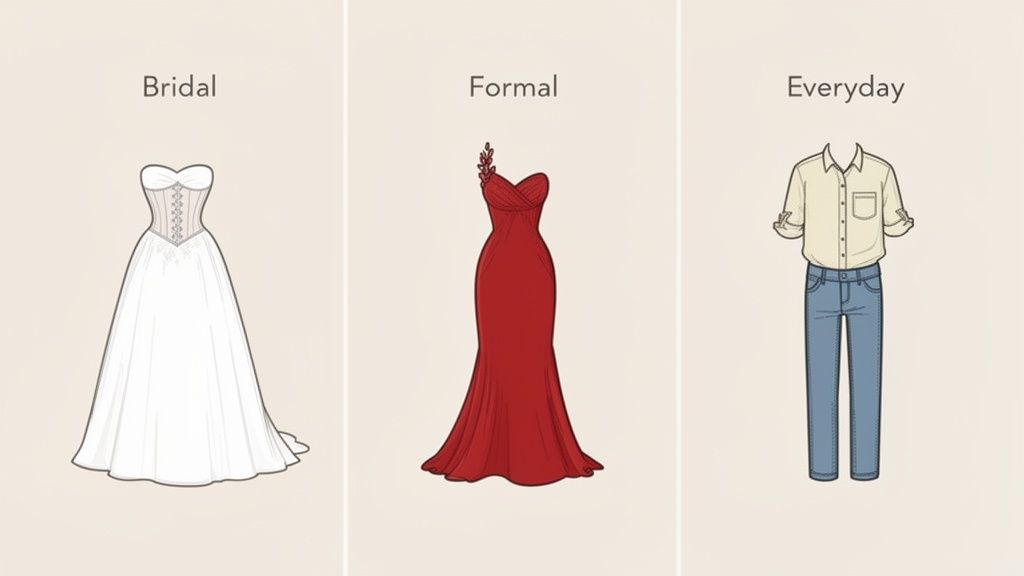 Three different clothing styles: a white bridal gown, a red formal dress, and an everyday shirt with jeans.