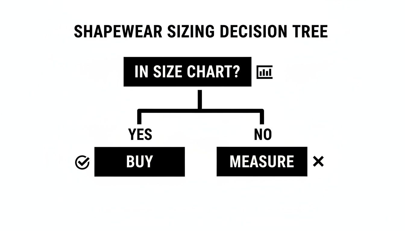 A shapewear sizing decision tree diagram. It asks 'In size chart?', leading to 'YES: BUY' or 'NO: MEASURE'.