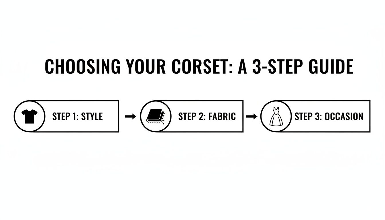 A 3-step guide flowchart for choosing your corset, covering style, fabric, and occasion.