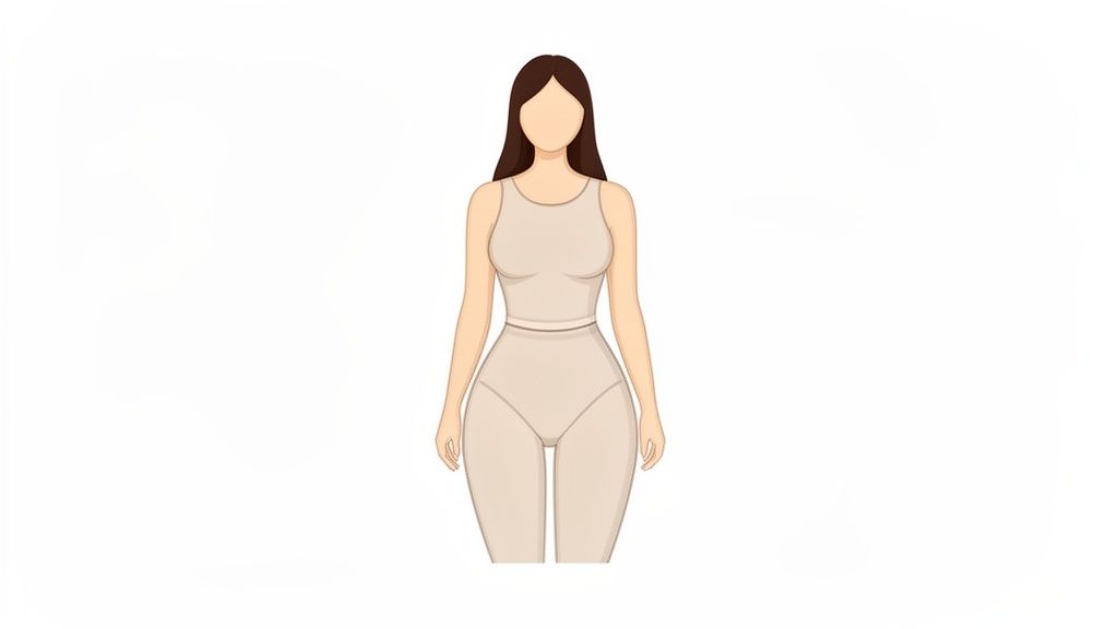 An illustration of a woman with an hourglass figure wearing light beige shapewear.