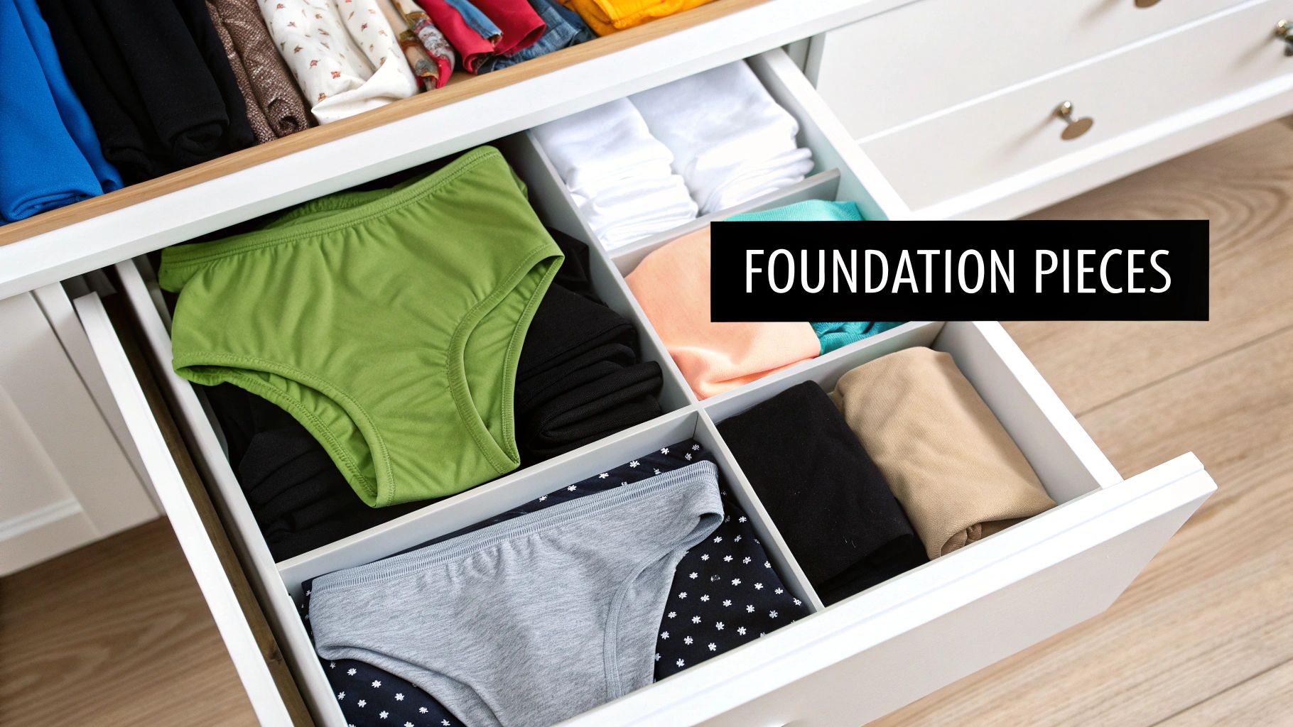 An open white drawer, neatly organized with various colored undergarments and folded basic clothing items.