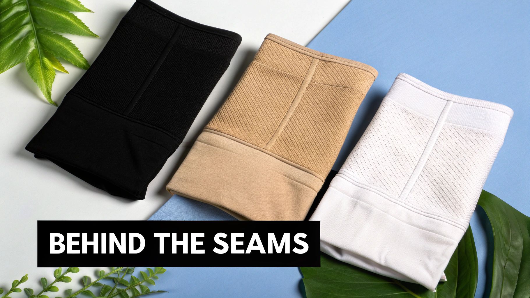 Black, beige, and white seamless shapewear laid out with green leaves on a split background.