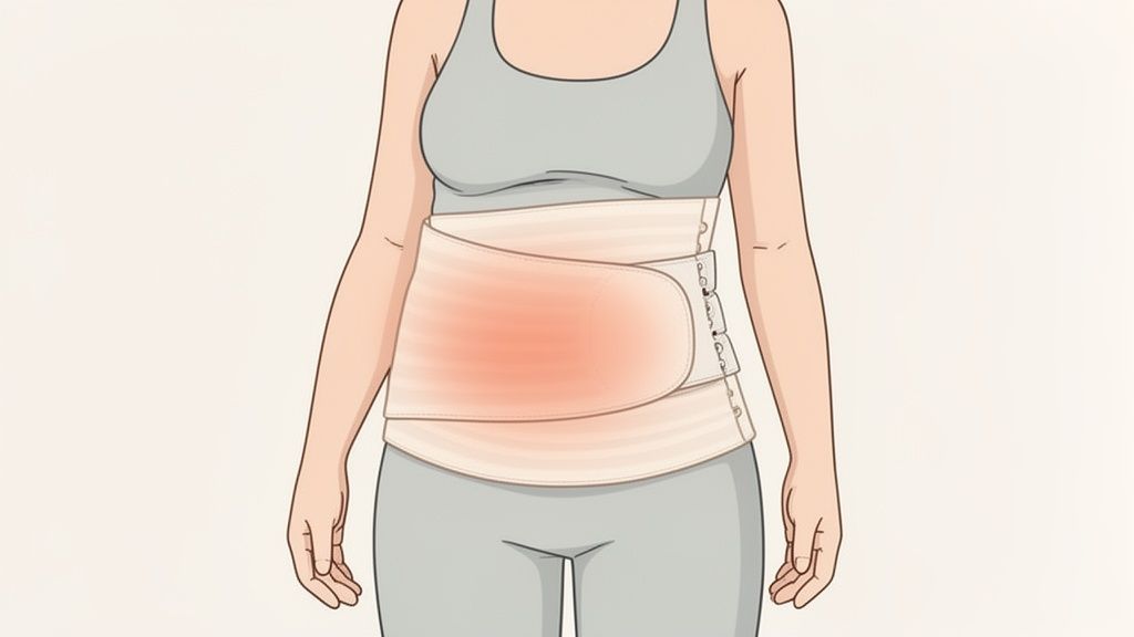 Illustration of a woman wearing a beige postpartum belly band with a highlighted area on her abdomen.