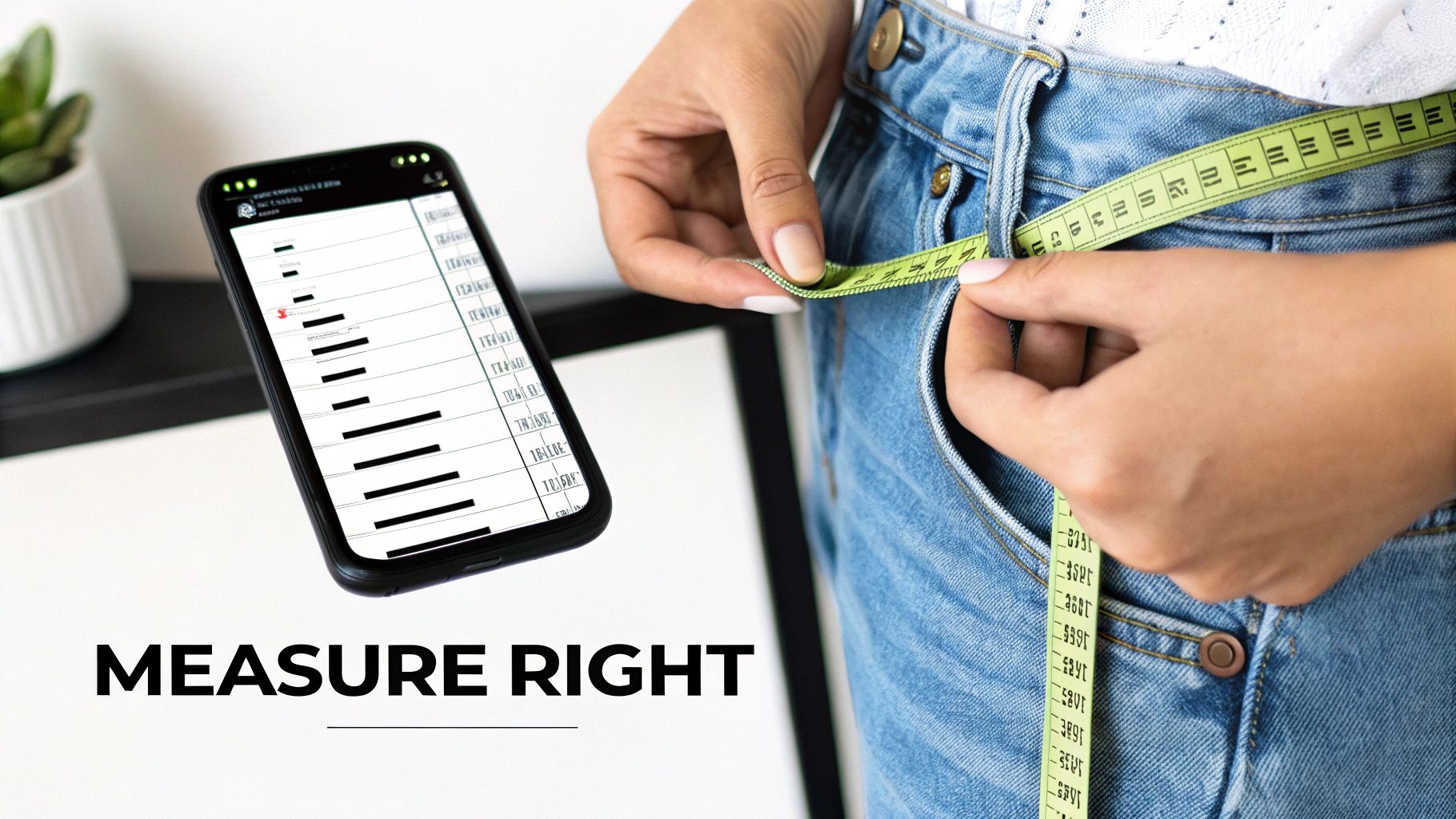 A person measuring their waist with a tape measure next to a smartphone displaying data, with 'MEASURE RIGHT' text.