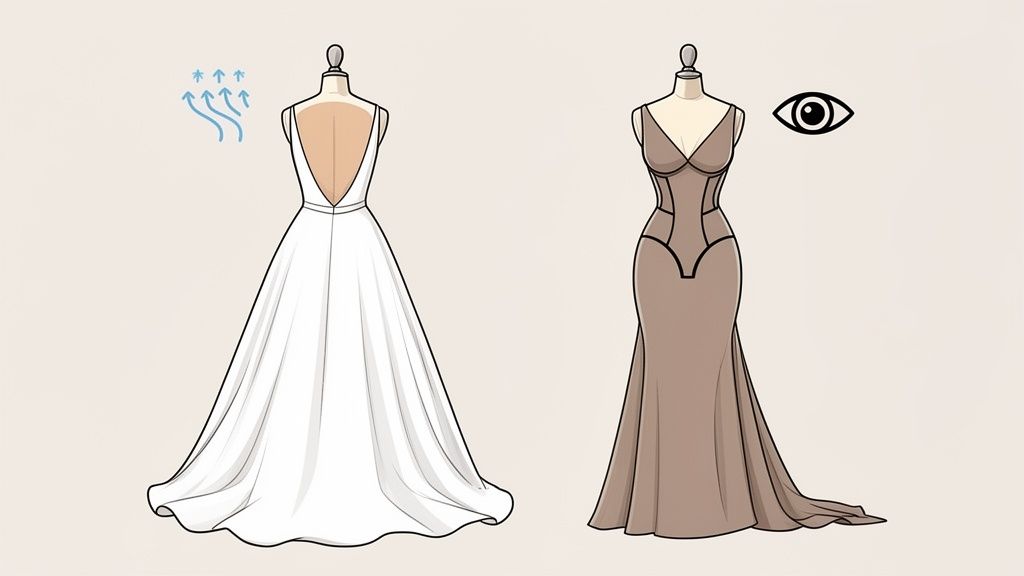 Two mannequins display dress designs: a white open-back gown emphasizing breathability, and a nude form-fitting shapewear dress.