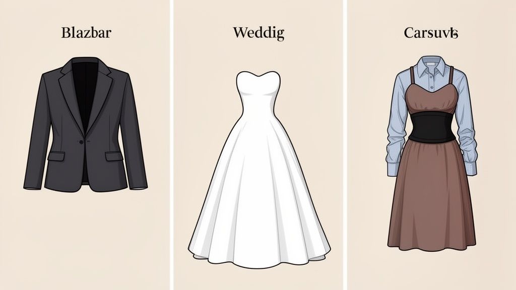 Three fashion illustrations: a blazer, a wedding dress, and an outfit with a waist trainer.