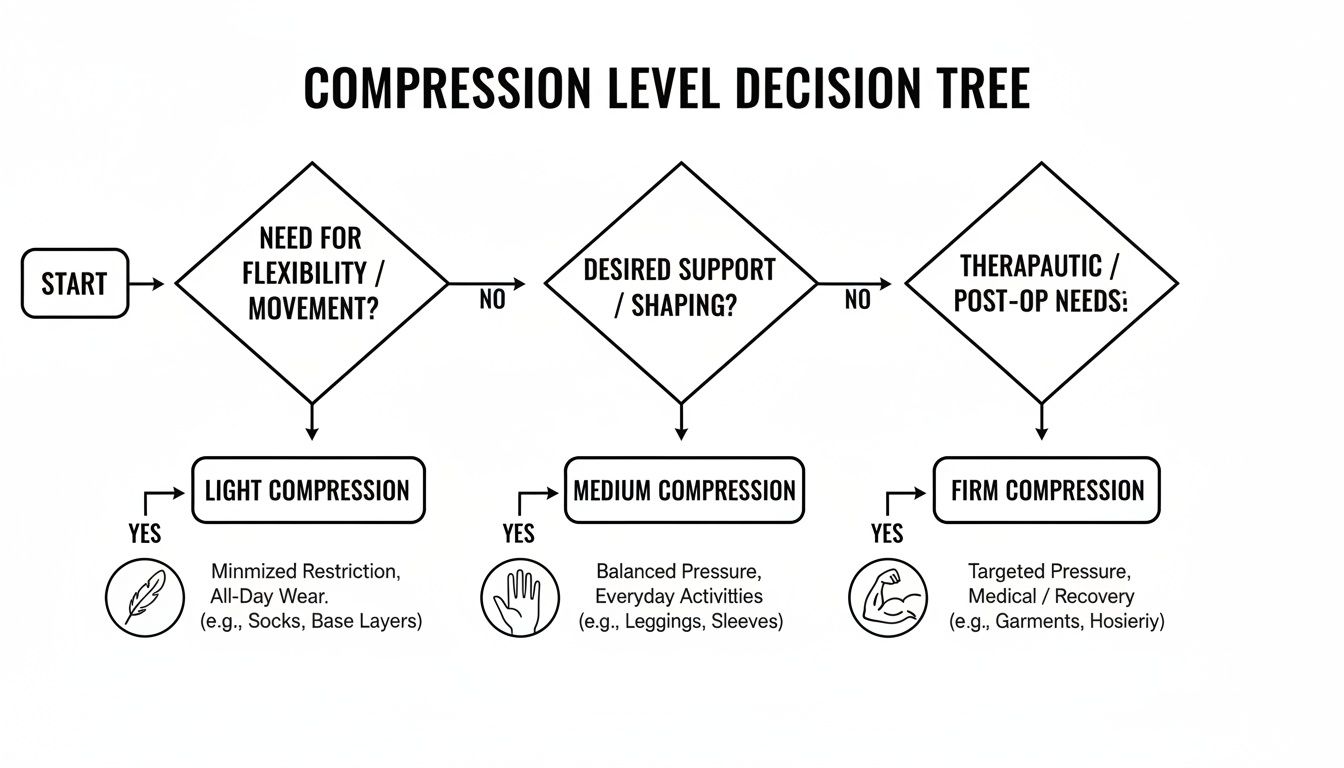 A decision tree flowchart guides users to choose compression levels: Light, Medium, or Firm.