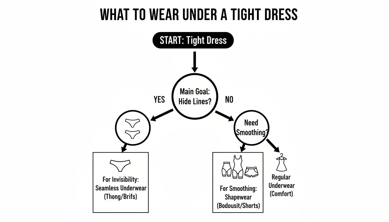 Flowchart providing recommendations on what to wear under a tight dress for invisibility or smoothing.
