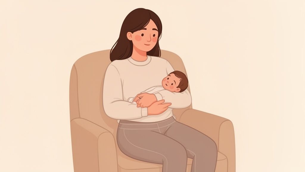 A happy mother sits in an armchair, gently cradling her newborn baby, both smiling.