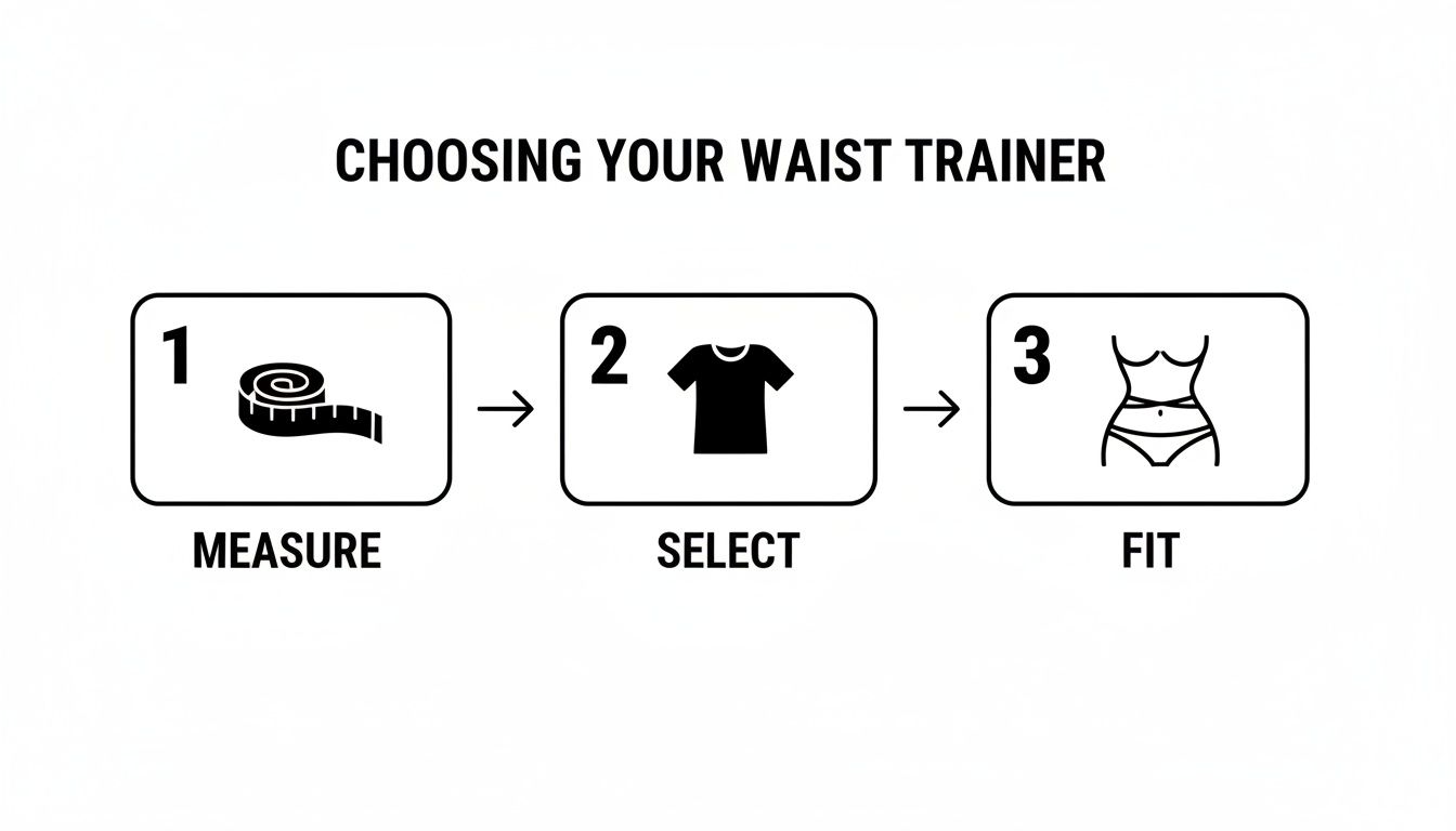 A three-step guide explaining how to choose a waist trainer: measure, select, and fit.