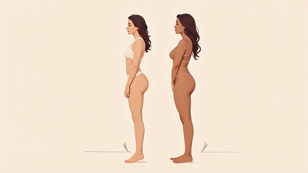 Two women in profile, one fair-skinned and one dark-skinned, showcasing different body types in underwear.