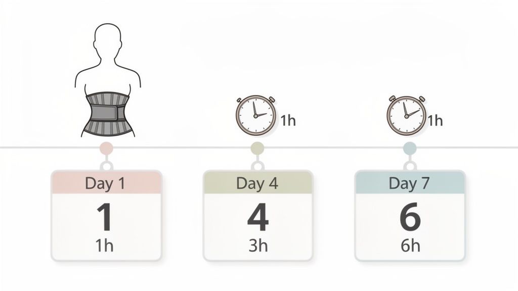 Timeline showing a gradual increase in waist trainer wearing duration from 1 hour on Day 1 to 6 hours on Day 7.