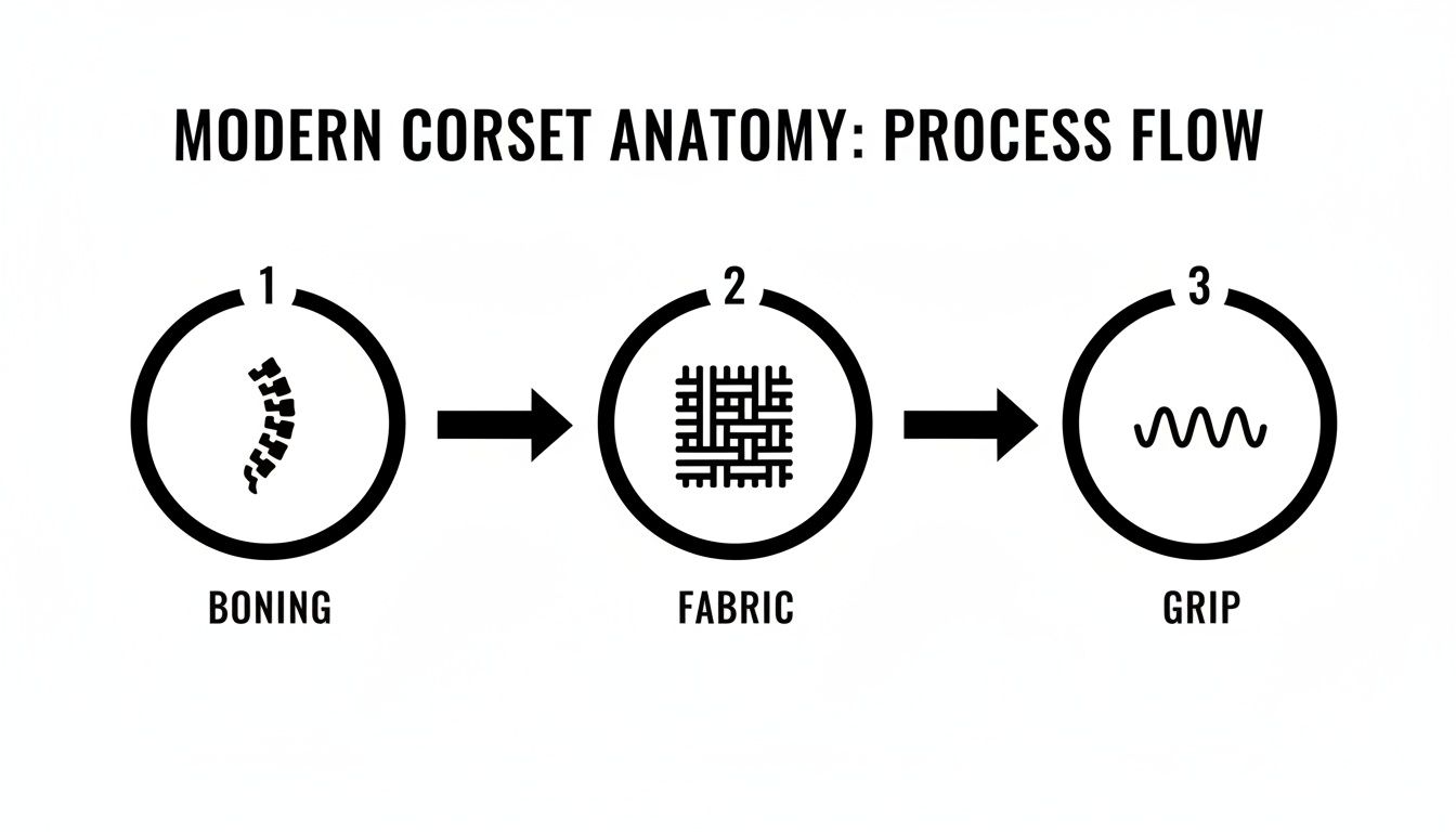 A diagram showing the modern corset anatomy process flow with key steps: boning, fabric, and grip.