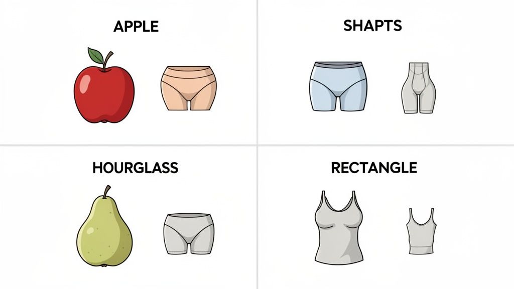 Illustrations comparing four body shapes (Apple, Shapts, Hourglass, Rectangle) with different types of underwear and shapewear garments.