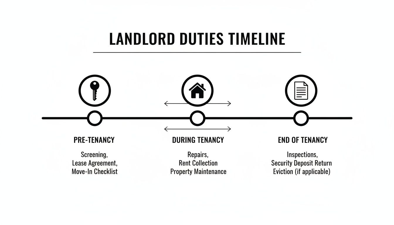 A landlord duties timeline illustrating pre-tenancy, during tenancy, and end of tenancy responsibilities.