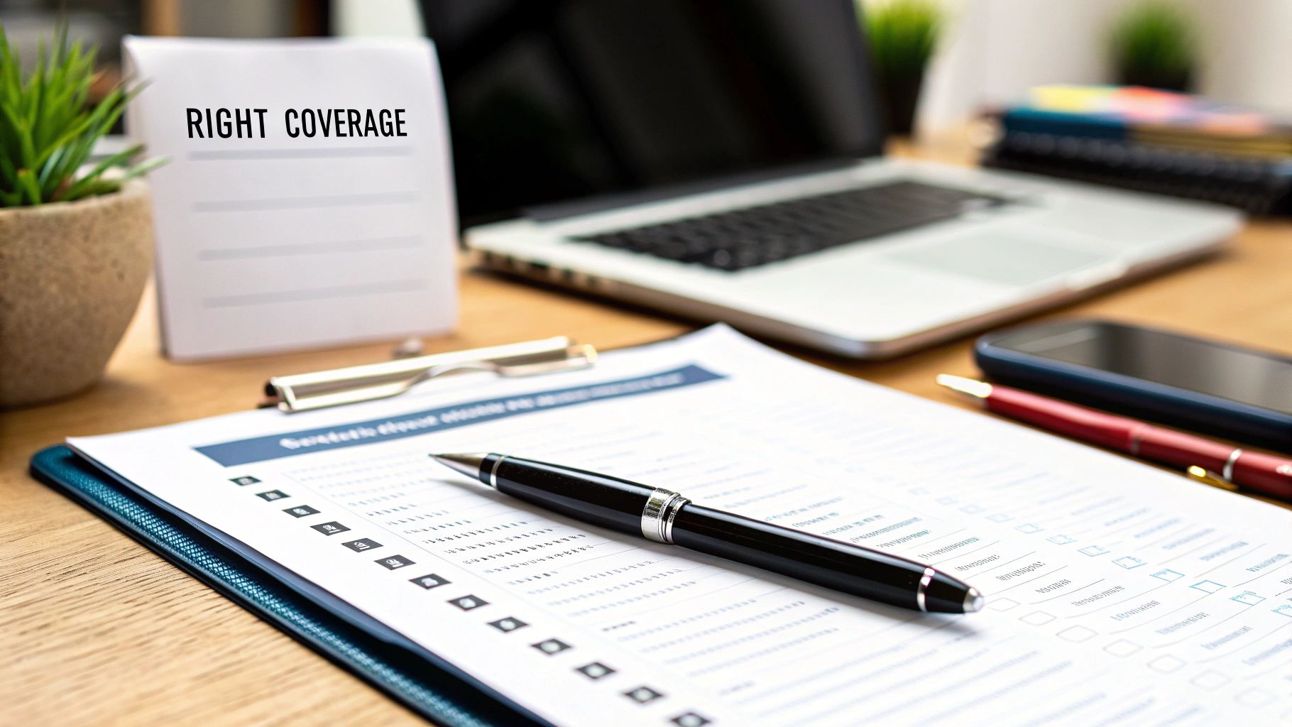 Desk with a paper stating 'RIGHT COVERAGE', a form, pen, laptop, and phone, suggesting insurance or financial planning.