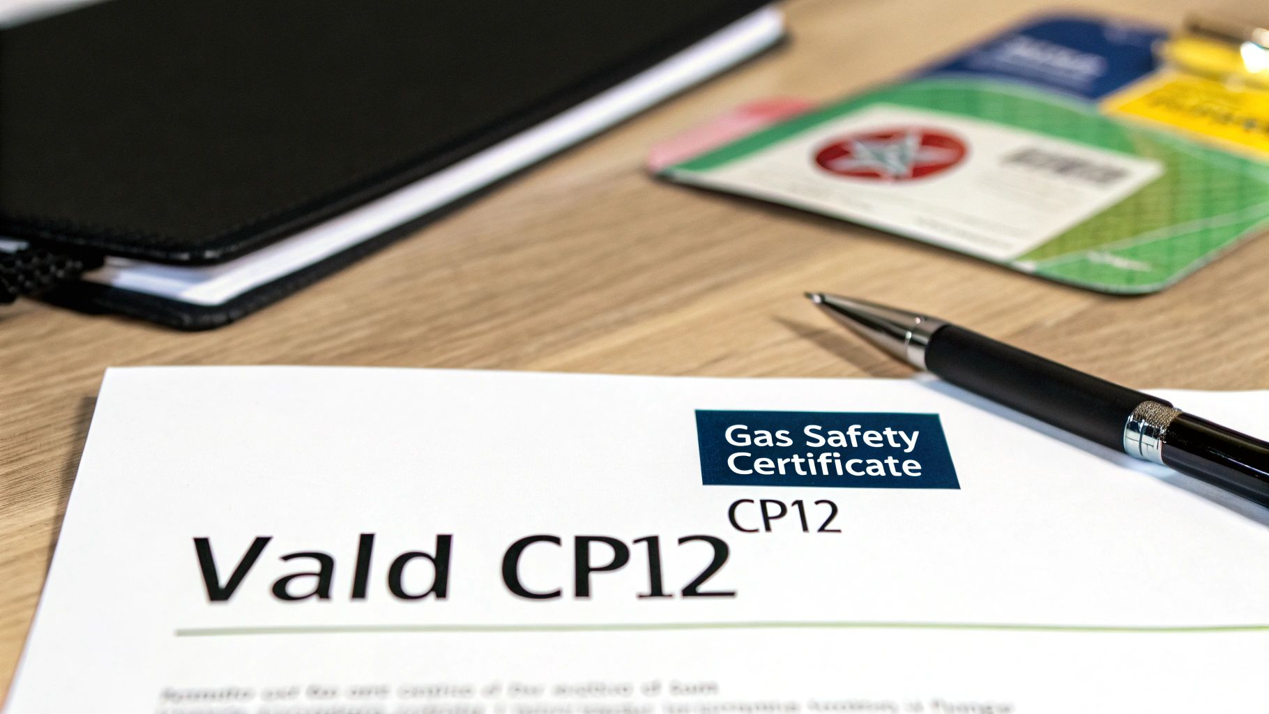 A close-up of a 'Gas Safety Certificate Vald CP12' document with a pen and notebook on a wooden table.