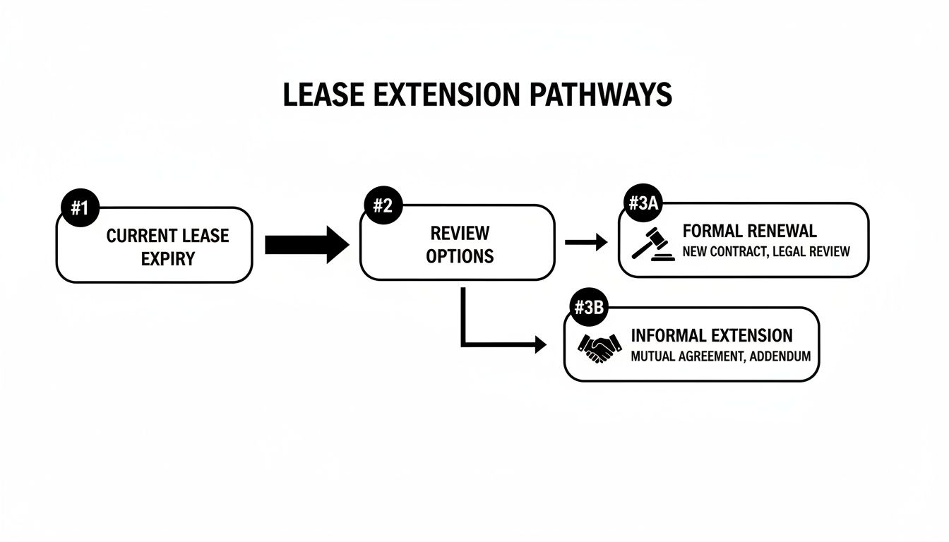 Flowchart illustrating lease extension pathways from current lease expiry to formal renewal or informal extension.