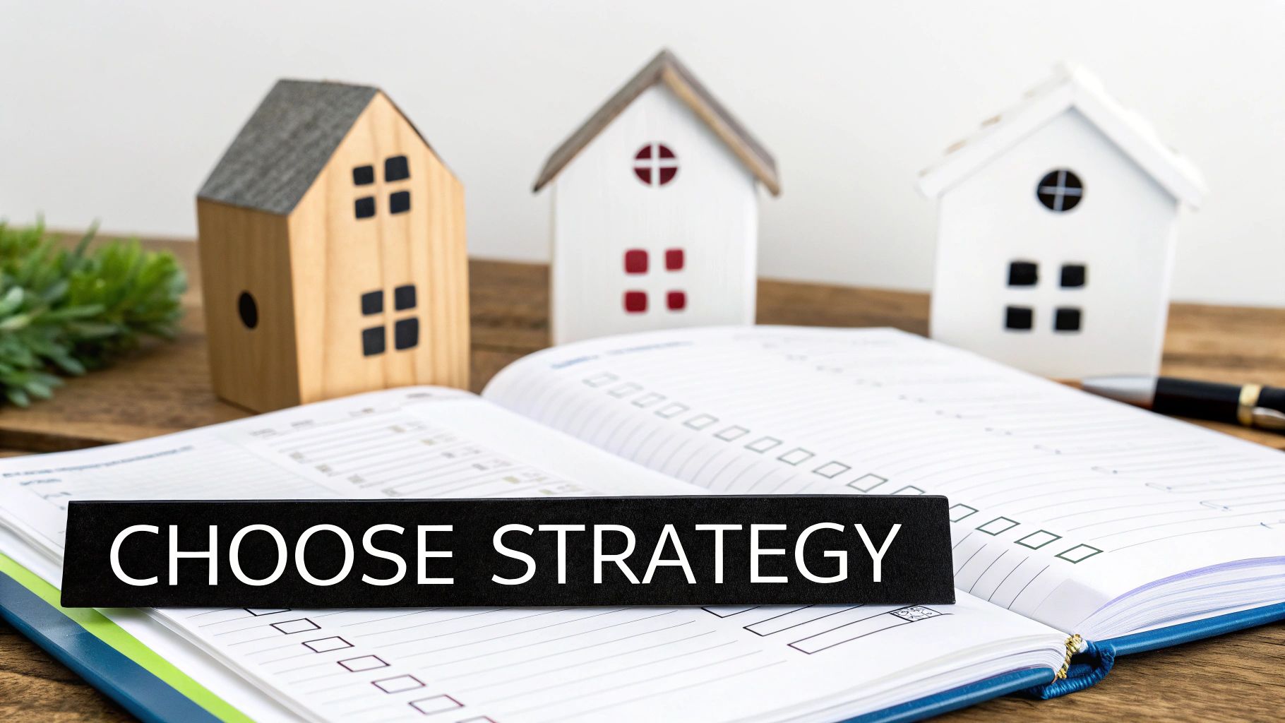 A person looking at a crossroads with signs pointing to different investment strategies like BTL, HMO, and BRR.