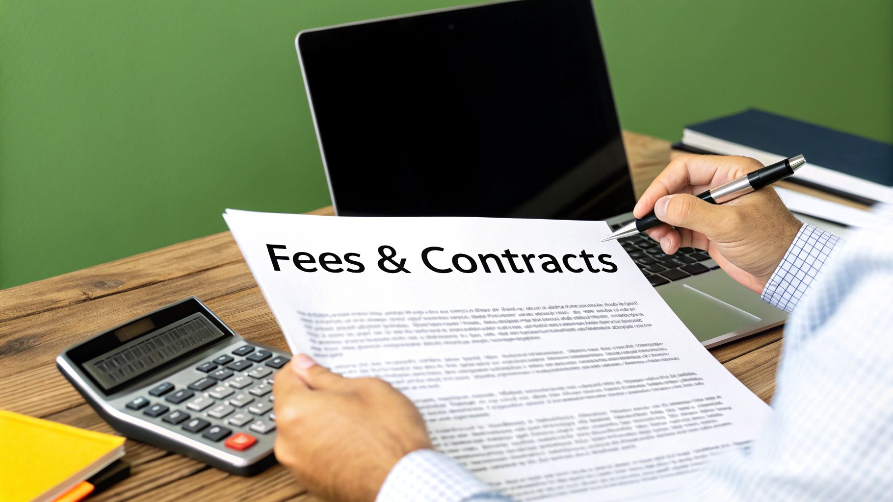 A person reviewing a document titled 'Fees & Contracts' on a desk with a calculator and laptop.