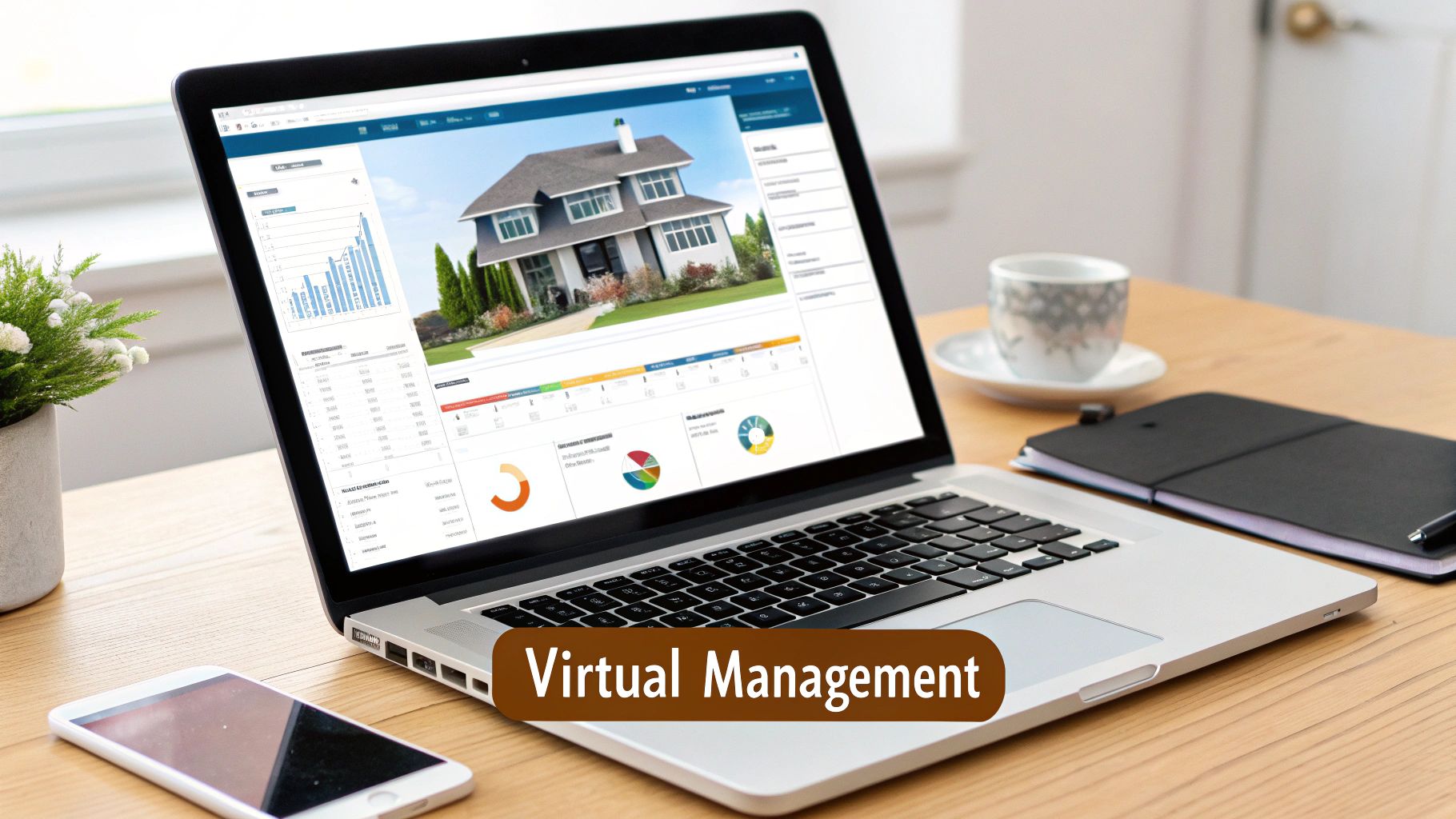 A laptop on a desk showing property management software with charts, a house image, and a smartphone.