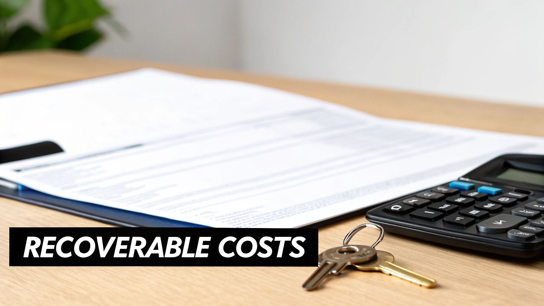 A document, calculator, and keys on a wooden desk with a 'RECOVERABLE COSTS' overlay, suggesting financial calculations related to property or leasing.