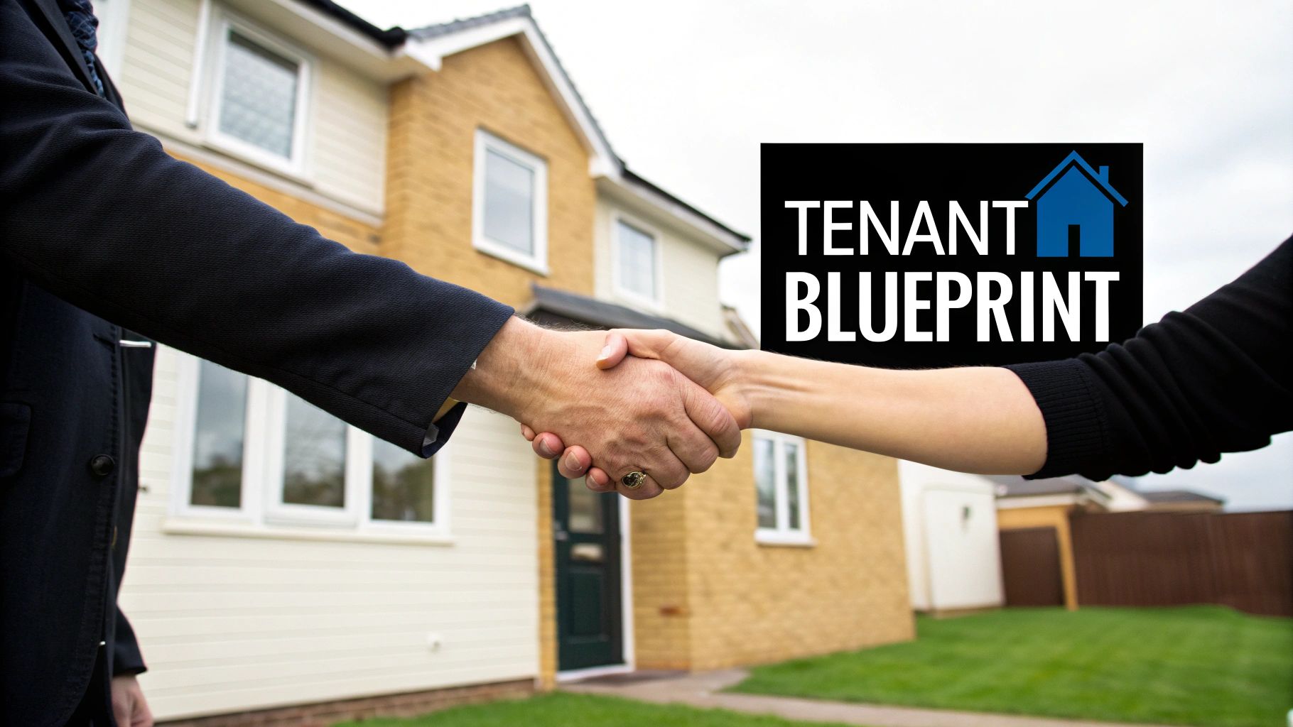 Two people shake hands in front of a house, symbolizing a tenant agreement or property deal.