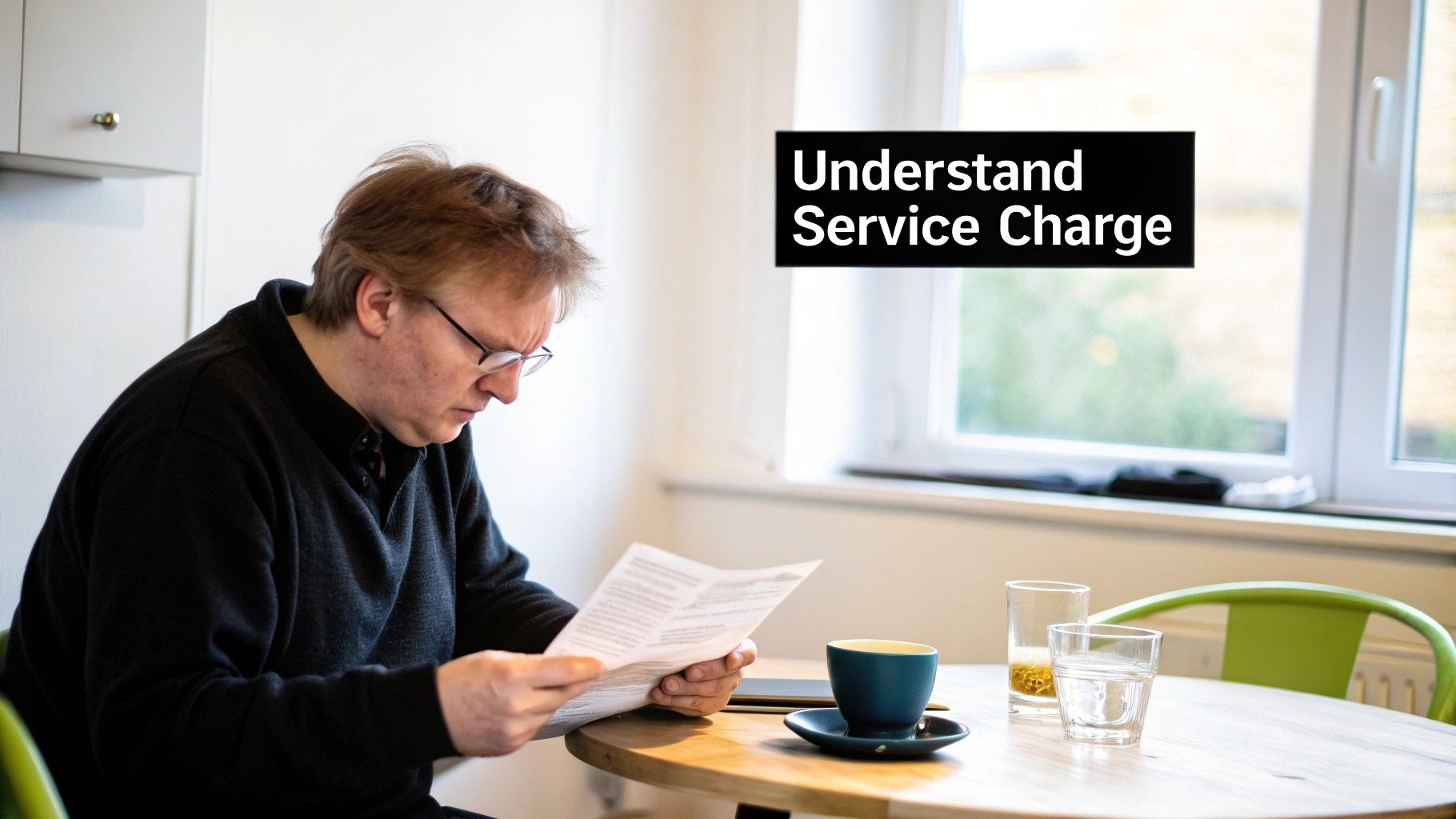 A man in glasses sits at a table, intently reading a document, with text 'Understand Service Charge'.