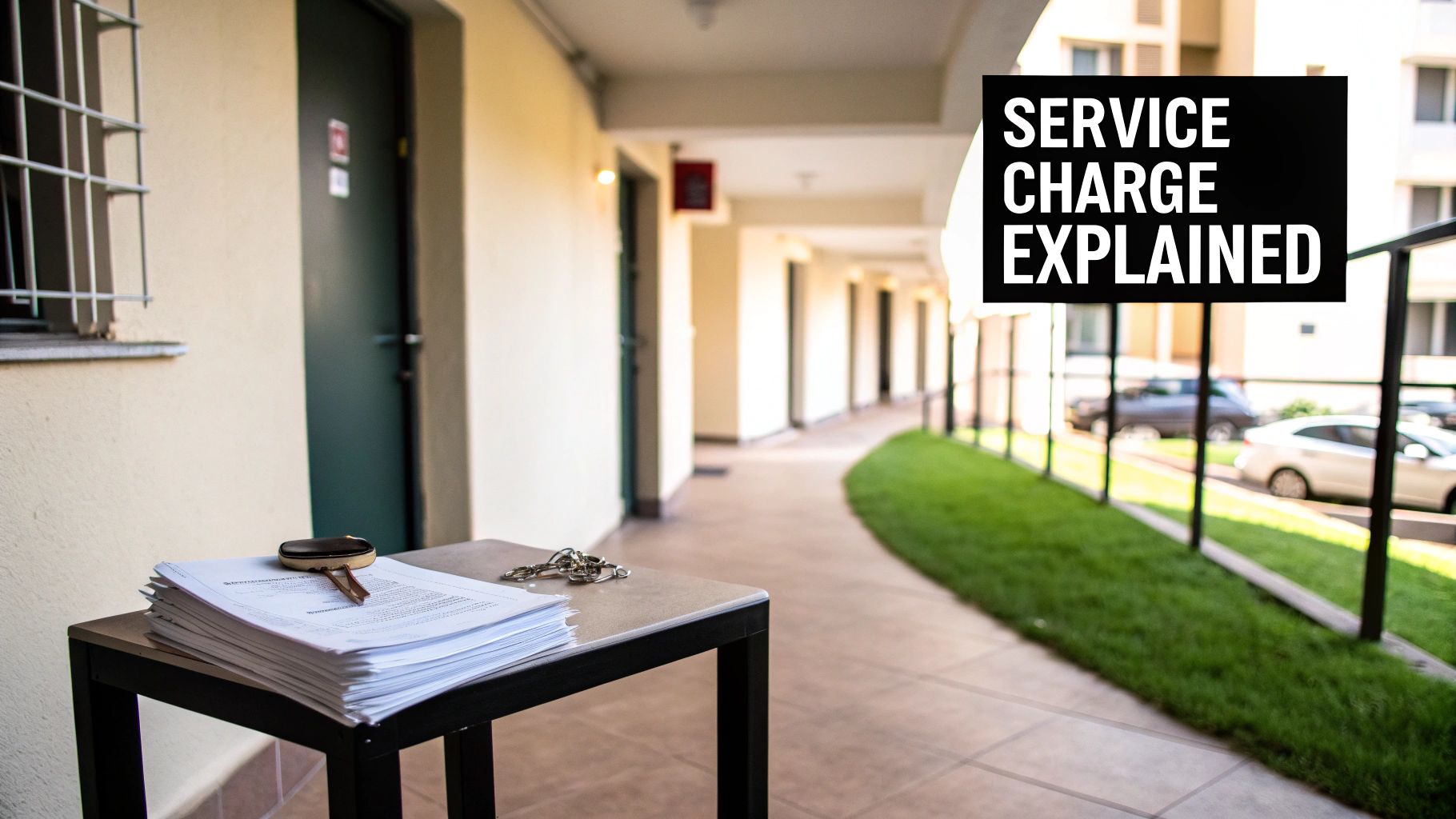 A stack of papers and keys on a table in a building hallway with a 'SERVICE CHARGE EXPLAINED' sign.