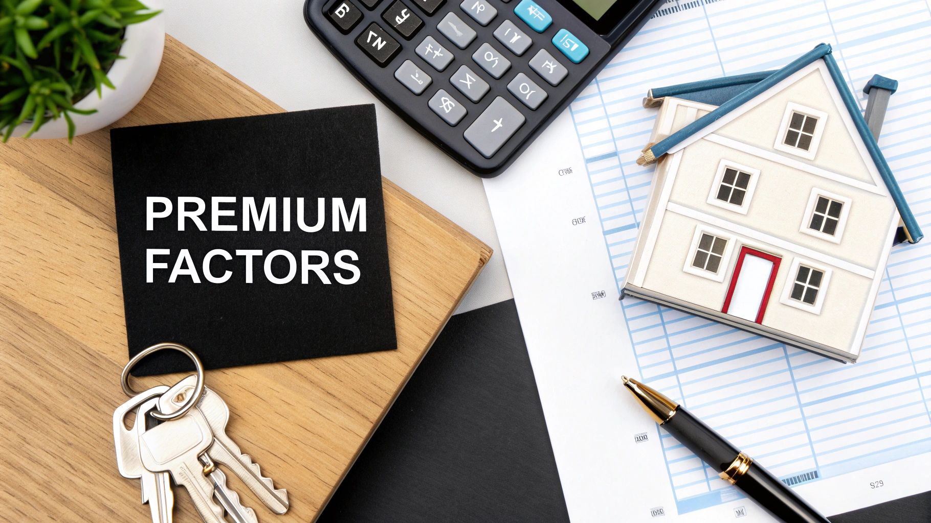 Flat lay with house model, calculator, keys, and a note card reading 'PREMIUM FACTORS' for property.