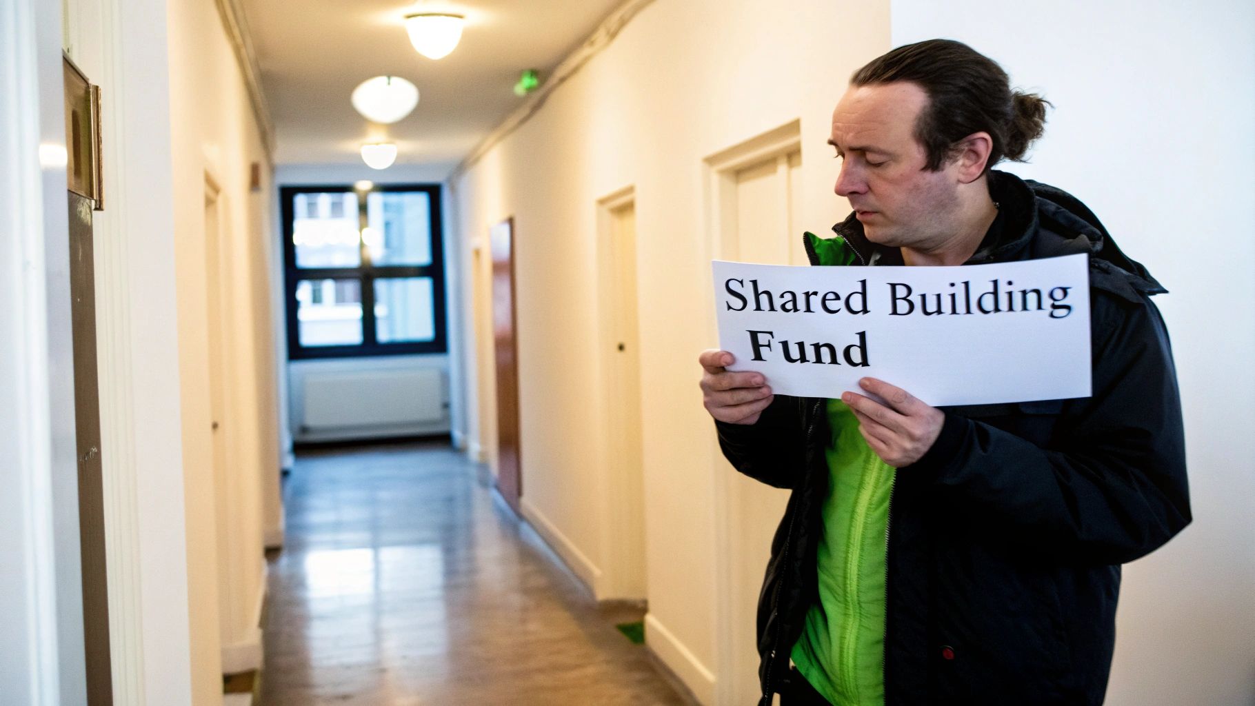 Man in a building hallway holding a paper titled "Shared Building Fund."