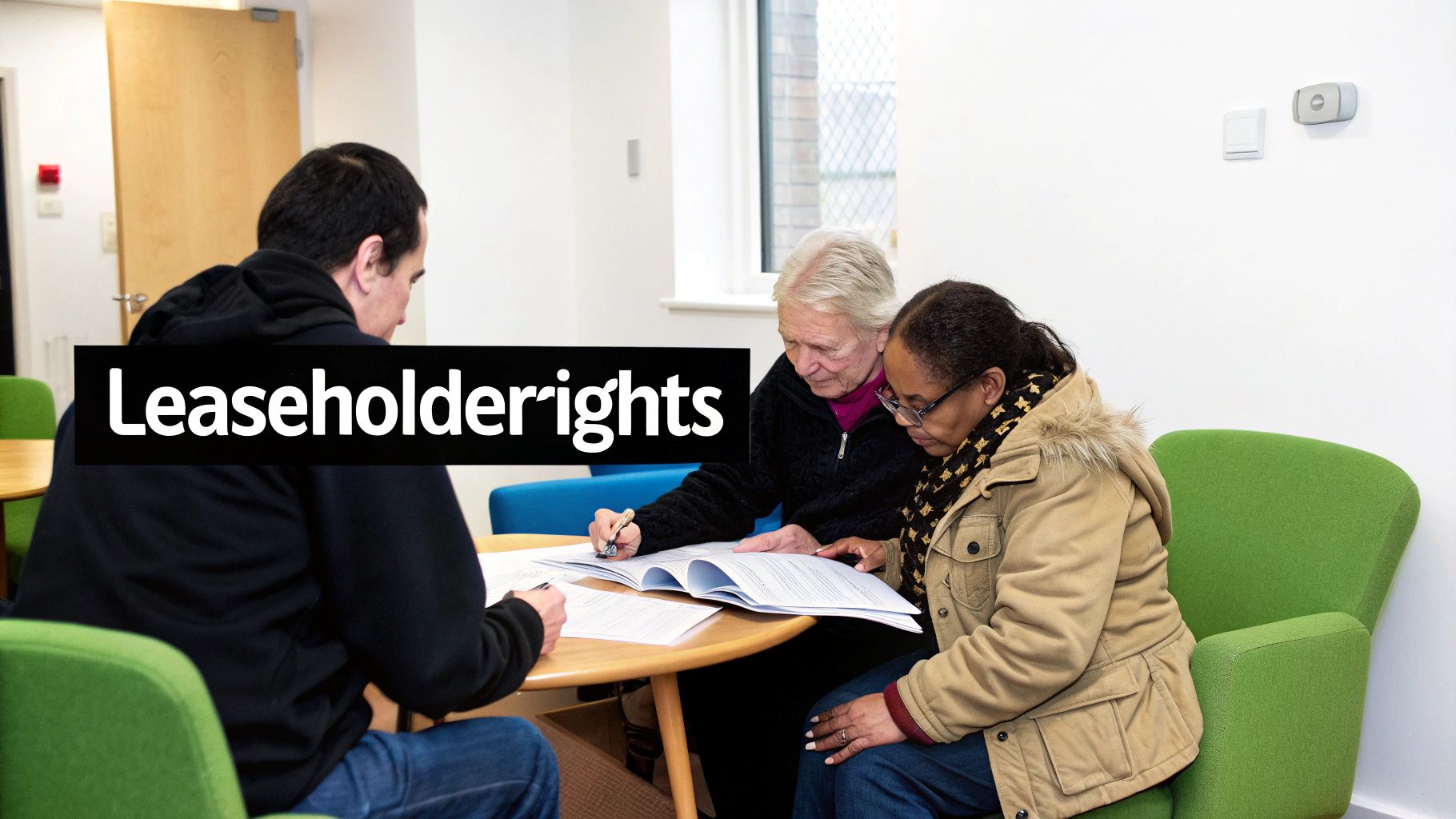 Three people discussing documents at a table, with a 'Leaseholder rights' text overlay.