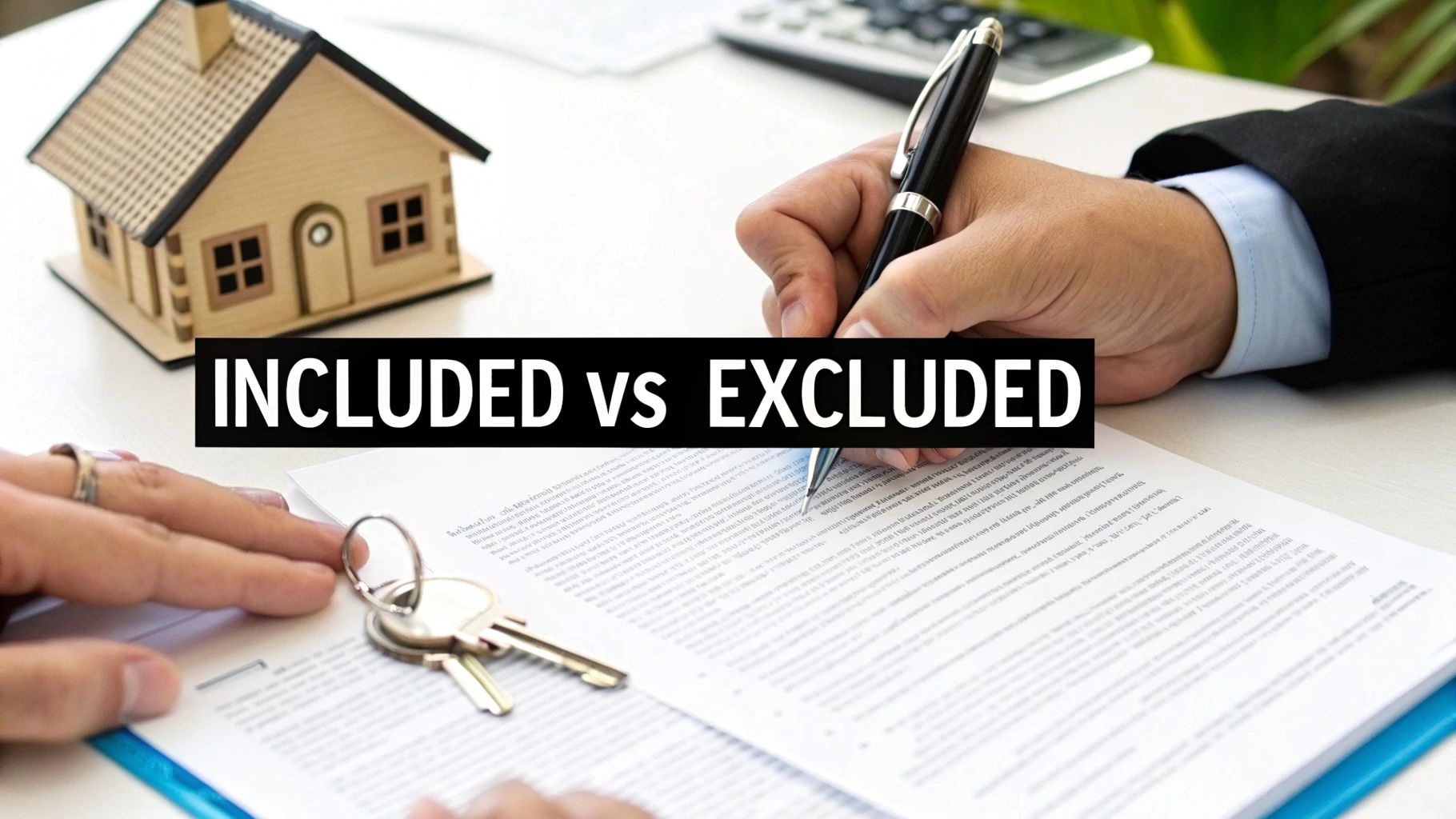 Hands signing a real estate contract with a miniature house model and keys, focusing on "INCLUDED vs EXCLUDED".