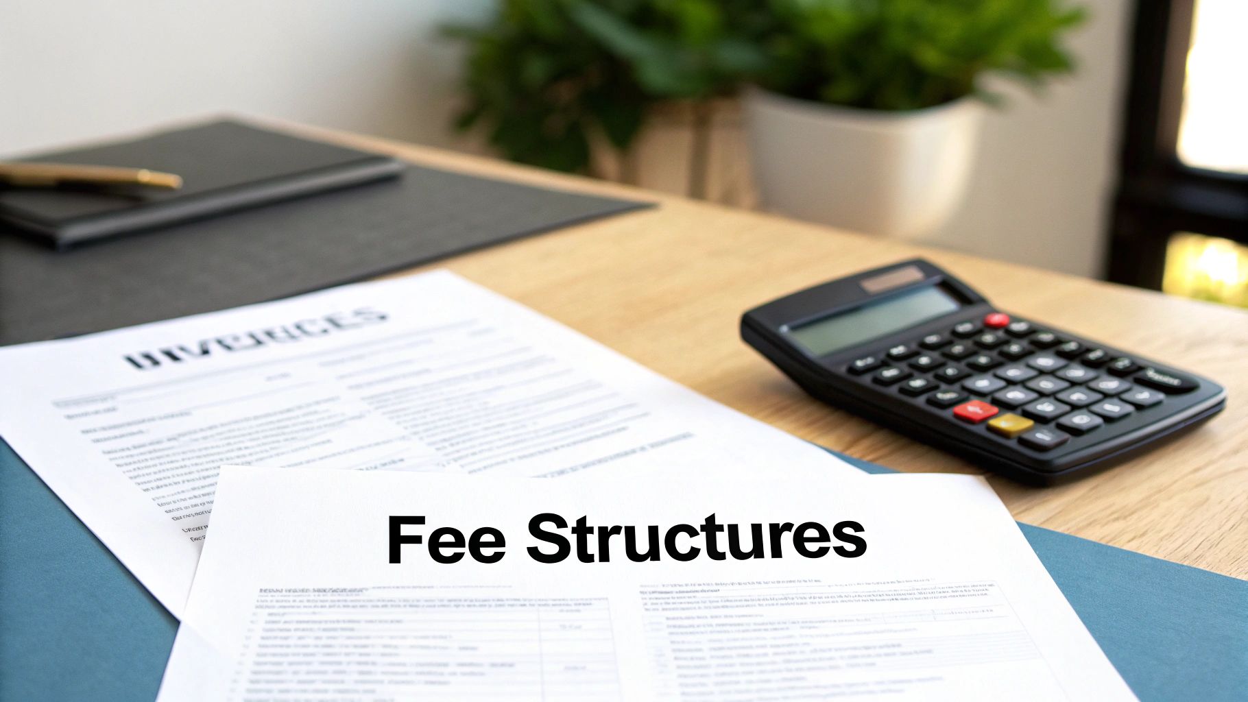 Documents on a desk, including 'Fee Structures' and 'Divorces', with a calculator and a pen.