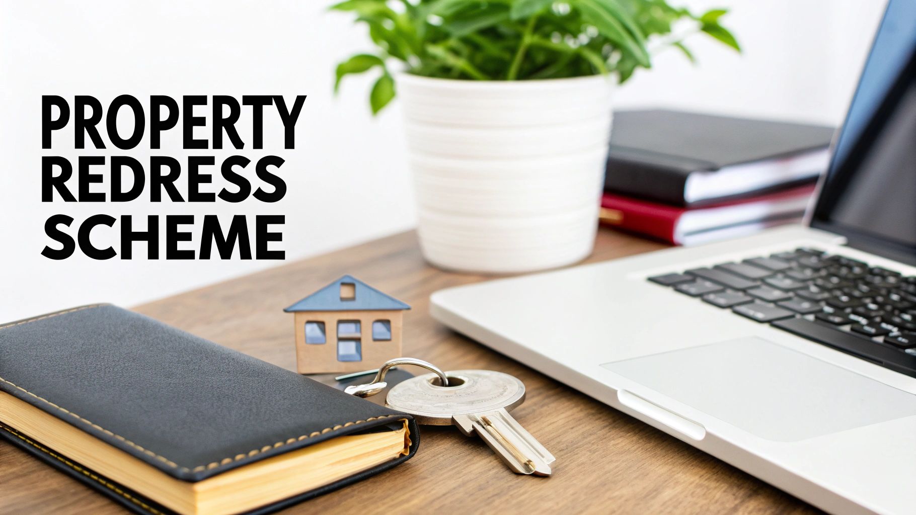 A desk setup with a laptop, miniature house, key, notebook, and a plant, alongside text 'PROPERTY REDRESS SCHEME'.