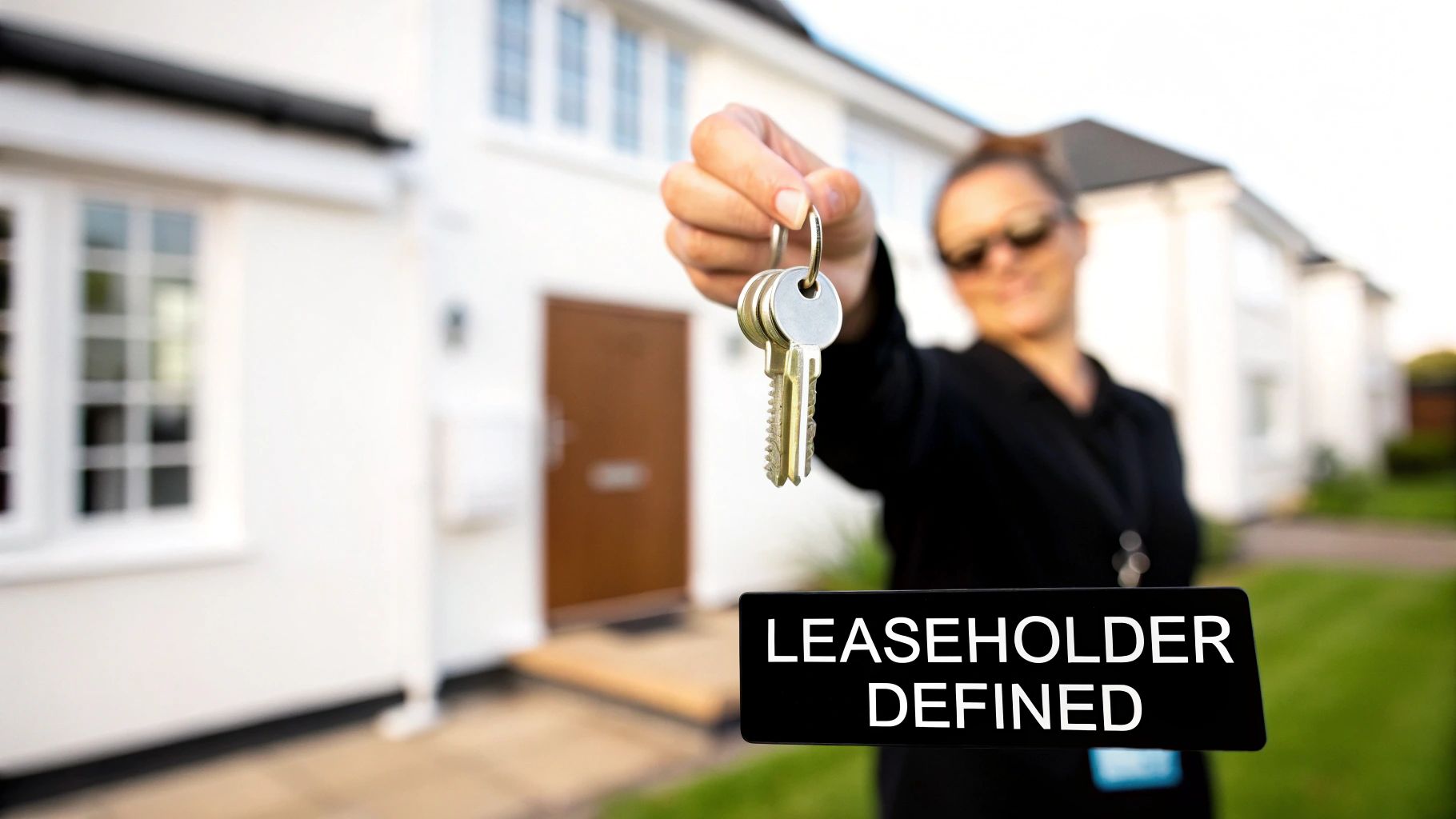 A person holds up house keys with a 'Leaseholder Defined' sign in front of a white modern house.