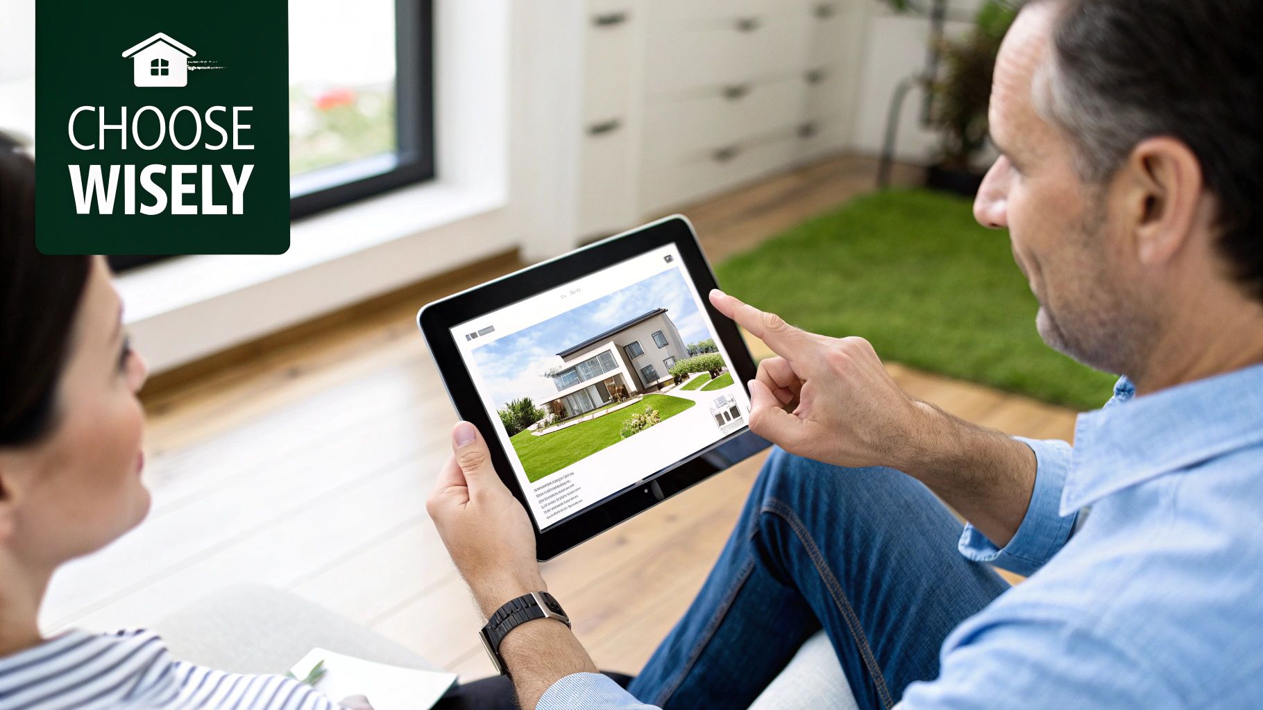 A couple viewing modern house designs on a digital tablet, with a 'Choose Wisely' message.